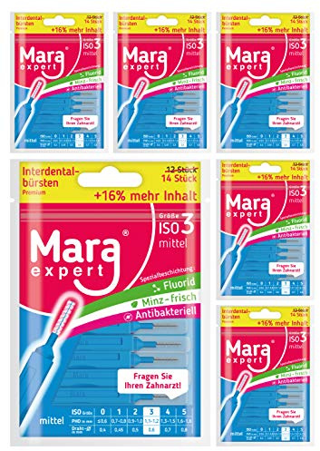 Interdentalbürsten Blau von MARA EXPERT | 0,6 mm ISO 3 Mittel | 6 x 14 (=84) Premium Bürsten für Zahnzwischenraum, mit Fluorid, Chlorhexidin und Minze