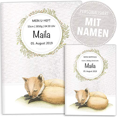 OLGS U-Heft Hüllen Set | Baby Tiere | Hochwertige Hüllen für Kinder Untersuchungsheft & Impfpass | Geschenkidee personalisierbar mit Namen, Geburtsdatum (Uhefthülle Set personalisiert, Fuchs)