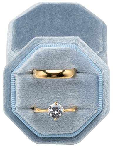 POKOFO Premium Velvet Ring Bearer Box for Proposal Engagement Wedding Ceremony - Equilateral Octagon Vintage Double Ring Display Holder with Detachable Lid (Light Ocean Blue)