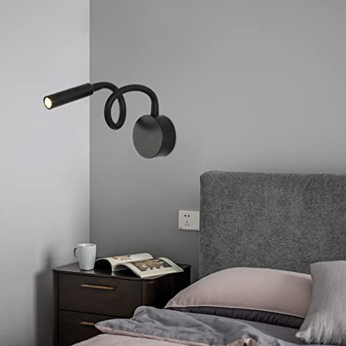 SXYSXYSXY Flexible Schwanenhals Wandleuchte mit Schalter 360 ° Drehfunktion Leselampe Wandlampen Nachttischlampe Spotlight Nachtlicht Warmweiß 3000K 3W Wandmontage Schlafzimmer Bettleuchte,Schwarz