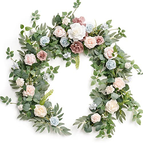 Ling's moment Flower Garland - 6FT Eucalyptus & Rose - Sweetheart Table Decor for Wedding Reception, Artificial Floral Garland for Mantle, Thanksgiving, Christmas Decoration, Blush Powder Blue