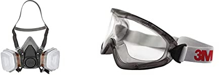 3M 6002 C1 Semimáscara respiradora reutilizable para pintura con doble filtro, Protección respiratoria, Peso facial 82 gr, Gris & 2890 Gafas de Seguridad con Ventilación Indirecta