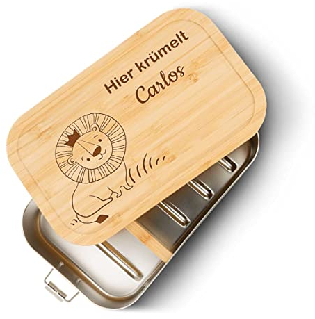 GRAVURZEILE Brotdose aus Weißblech mit graviertem Bambusdeckel - Lunchbox mit Löwe Motiv - Personalisiert mit Name - Nachhaltiges Geschenk zum Schulanfang - Größe: Klein