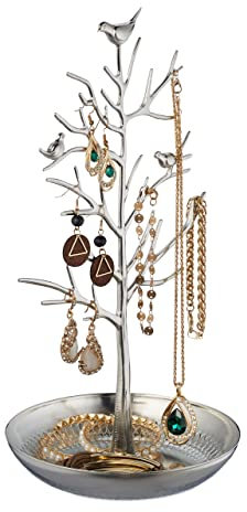 Relaxdays Schmuckständer Baum, Schmuckaufbewahrung Ketten, Ohrringe & Armbänder, HxBxT 30x16x15 cm, Schmuckbaum, silber