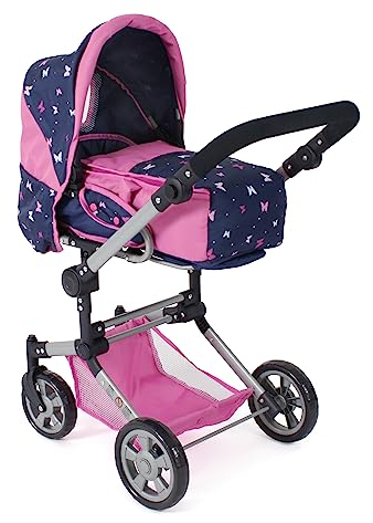 Bayer Chic 2000® 3in1 Kombi Puppenwagen Jara – Butterfly Navy Pink – faltbar, höhenverstellbarer Griff 47-78 cm – Tragetasche – Puppen bis 52 cm, 4-8 J.
