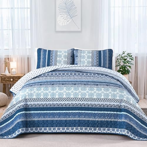 WONGS BEDDING Boho Quilt Set King Size, Navy Blue Bohemian 3 Pieces Quilt Sets, Lightweight Microfiber Bedspread Coverlet Bedding Set for All Season (104x90)