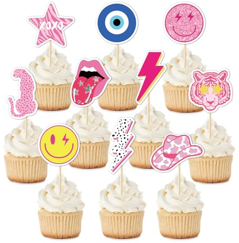 Whaline 40Pcs Preppy Pink Party Cupcake Toppers 10 Designs Paper Cake Decor Cute Cupcake Picks for Y2K 2000s Bachelorette Birthday Party Decoration Supplies Photo Booth Props