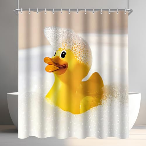 Lerores Duschvorhang 200x200cm Gelbe Ente, Beschwerter Saum Antischimmel Textil, Wasserabweisend, Waschbar Polyester Badevorhänge mit 12 Ösen und Duschvorhangringen für Badezimmer, Badewanne