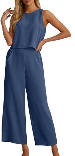 IWOLLENCE Co Ord Sets for Women 2 Piece Outfits Lounge Wear for UK Travel Airport Set Sleeveless Crop Tops Wide Leg Trousers with Pockets Casual Tracksuit Full Set Elegant (Dark Blue, L)