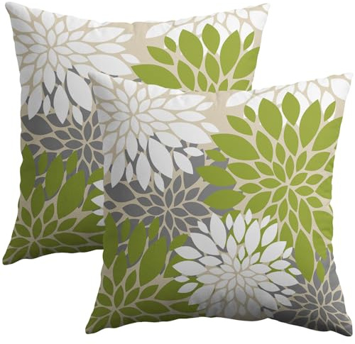 Smozenith Lime Green White Pillow Covers 18X18 Inch Set of 2, Grey Gray Modern Dahlia Floral Print Decorative Throw Pillow Covers Outdoor Farmhouse Cushion Case for Home Couch Sofa Bed Decoration