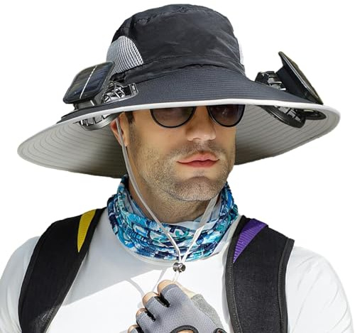Chapeau de pêche Solaire à Large Bord - Chapeau de Fan à Large Bord - Chapeau de Sole d'extérieur avec Ventilateur Solaire UPF50+ - Chapeau de pêche d'extérieur - Chargement Solaire et USB, Noir,