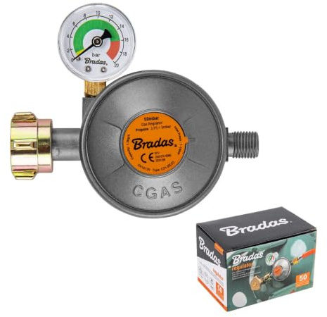 Gasschlauch Druckregler Druckminderer Manometer Gasgrill 50mbar 3 Größen (Gasschlauch 80 cm + Druckregler mit Manometer)