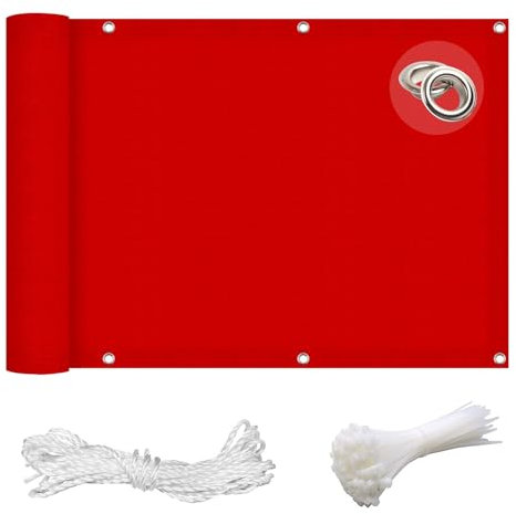 GAIFNAG Balkon Sichtschutz Ohne Bohren 55 x 800 cm Blickdichte Balkonbespannung, Sonnenschutz Balkonbespannung mit Ösen, Nylon Kabelbinder Und Kordel für Balkon Garten im Freien, Rot