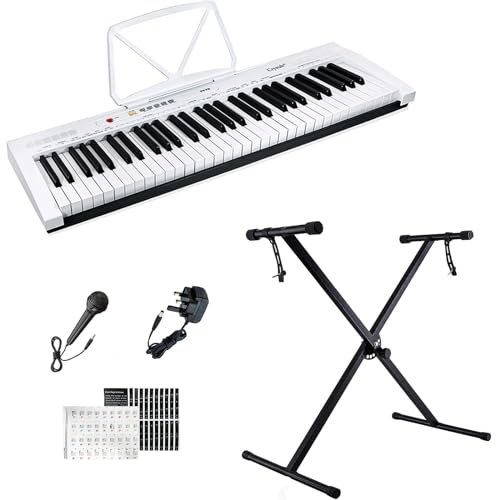 Crystals White 61-Key Electronic Piano, Portable Digital Piano with Single Braced Stand, MP3 Music Instrument, Microphone & Built-in Speaker for Adults/Kids