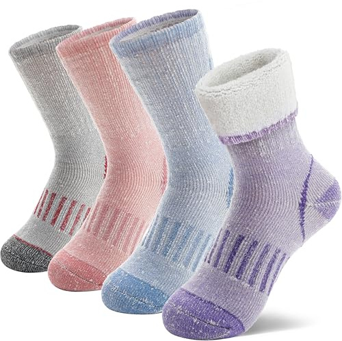 MOSEY KOSY 4 Pairs Kids Merino Wool Walking Hiking Socks Boys Girls Toddlers Thermal Winter Warm Boot Thick Cushion Snowboarding Socks(Purple/Pink,12-15 Years)