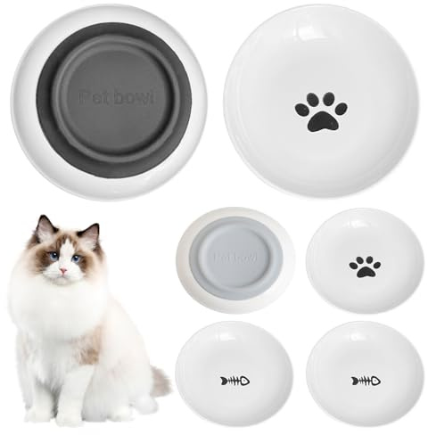 Katzennapf Keramik 6er Set,mit Rutschfestem Gummiboden, Flache Futternapf Katze,Futternapf Katze Keramik, Katzennapf Flach, 5,5 Zoll Katzennäpfe, Fressnapf Katze geeignet für Wasser