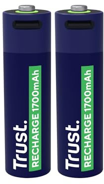 Trust Pile Ricaricabili AA USB-C 2 Pezzi, Batterie AA Porta USB-C Integrata, Nessun Caricabatteria Necessario, 1700 mAh Pile Stilo Ricaricabili tramite Porta USB, Confezione da 2