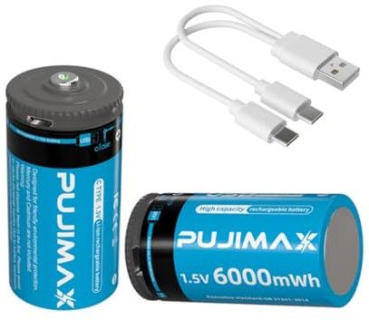 1.5V Rechargeable C Batteries Lit-Ion Type Micro USB & USB -C Rechargeable Battery | LR14 Rechargeable Battey | High-Capacity 6000mWh|1200 Charging Cycles with Type C Charging Cable - 2 Pack