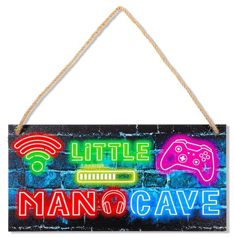 Gaming-Dekor für Jungenzimmer Little Man Cave Spiel Neonlicht Wanddekoratio Holz Gaming Poster Hängende Gaming Bilder Wandbilder Wohnzimmer Wandbilder für Playstation Zimmer Schlafzimmer Dekoration
