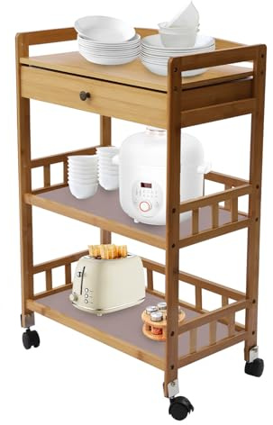 UIdili 3 Tier Bamboo Trolley, Portable Removable Kitchen Trolley, Weight Capacity 165 lbs, Storage Organizer Cart with Drawers and Universal Wheels for Hair Salon Restaurant Home