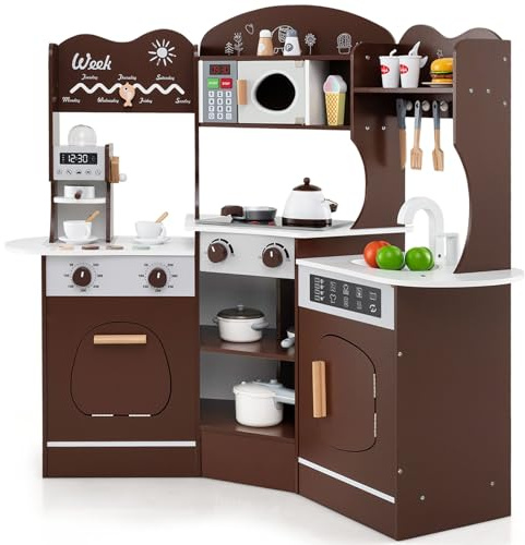 GYMAX Kids Corner Kitchen, Wooden Play Kitchen with Realistic Lights, Sounds, Coffee Maker, Microwave, Sink, Faucet & Utensils, Children Pretend Toy Kitchen Playset for 3+ Years Old (Coffee)