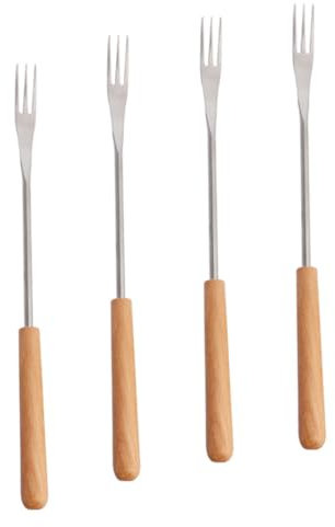 Cabilock 4 Tenedores De Tres Puntas Con Mango De Madera Para Requesón Con Cucharas De Frutas Tenedores Para Embutidos Tenedor Para Fondue Brochetas Para Fondue Palitos Para Asar En