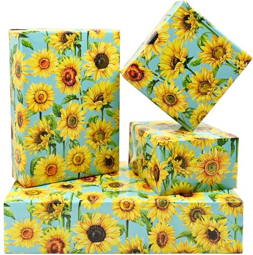ADQUATOR Geschenkpapier, gelbe Sonnenblumen-Geburtstagsgeschenkpapier, 100 % recycelbar, umweltfreundlich, Geschenkpapier für Frauen, Freunde, Blumen, Frühlingstag (5 Blatt)