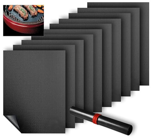H&F Heimtextilien Grillmatten 10er Set – 30x44 cm BBQ Mat aus Teflon – Wiederverwendbar, Antihaft & Zuschneidbar – Dauerbackfolie für Gasgrill, Elektrogrill & Ofen – Ohne PFOA