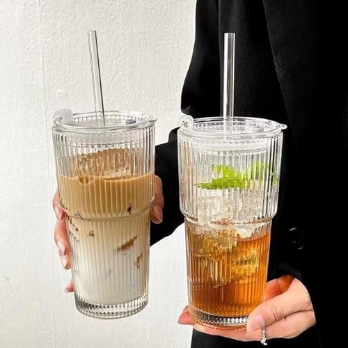 2 stycken 600 ml glasmugg med lock och sugrör, matcha-glas, iced kaffeglas, smoothie-bägare, lufttät vattentät design, kaffemugg, resemugg, iskaffeeglas (transparent)