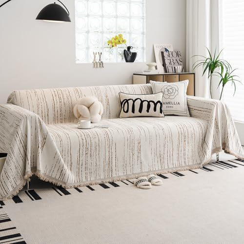 WEYOND Chenille Sofa Überzug, Sofabezug, Sofa Cover, 180 x 380 cm, Khaki | Chenille Couch Überwurf, Waschbar Sofa Überwurfdecke, Sofaschoner Hund & Sofaschutz Katze, Sofahusse mit Quasten