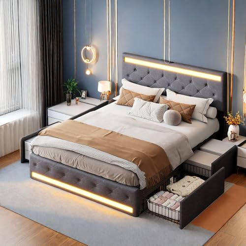 Générique Lit 140 x 190 avec sommier et Rangement, Lit Double avec LED et USB, Tête de Lit Rembourrée Ajustable, pour Adultes et Adolescents, 4 Tiroirs, Gris, Lin, sans Matelas