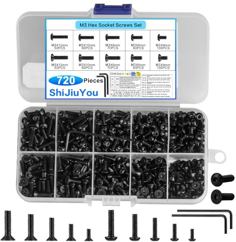 720 PzViti M3, Bulloni e Dadi, Set di Viti a Testa Svasata Piatta con Esagono Incassato e Set di Viti a Testa Cilindrica con Esagono Incassato, Bulloni a Brugola per Macchine
