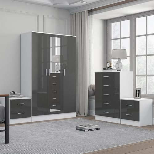 Reflect 3 Door Mirror Wardrobe, 5 Drawer Tallboy Chest, 2x 2 Drawer Bedside Tables | Grey Gloss & Matt White Finish | Modern Bedroom Furniture Set