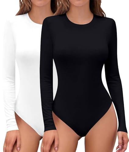 Shen&Qege Women's Bodysuits 2 Piece Crew Neck long Sleeve Bodysuits Tops Pack