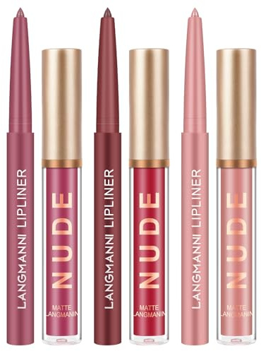 LOPHE Set de Brillo de Labios, 6 En 1 Lip Combo Labios, 3 Labiales Líquidos Mate y 3 Delineadores, Lápiz Labial de Larga Duración, Pintalabios Permanente Para Maquillaje de Mujer (Conjunto A-#2#4#7)