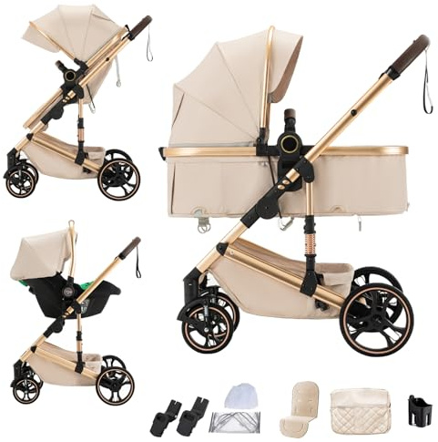 Shineey Passeggino trio,Carrellino per Bebè città 22kg con sedili,Passeggino pieghevole con vista alta,Buggy combinato pneumatici in gomma e vagone per bebè in alluminio (H9BEIGE, H9)