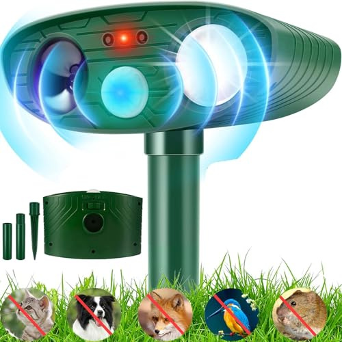 Repelente ultrasónico de gatos para jardín, repelente solar de zorros para jardines, ahuyentador de gatos impermeable con sensor de movimiento PIR y flash LED, disuasorio de gatos para jardín Reino