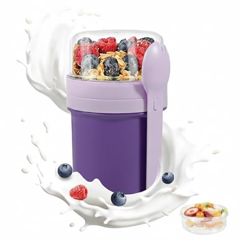 Carehabi Muesli Cup da Asporto, 450 ml + 250 ml, Porta Yogurt, Coppetta per Cereali da Asporto a Tenuta Stagna con Cucchiaio e Contenitore per Salse, Contenitore per Colazione Senza BPA, viola