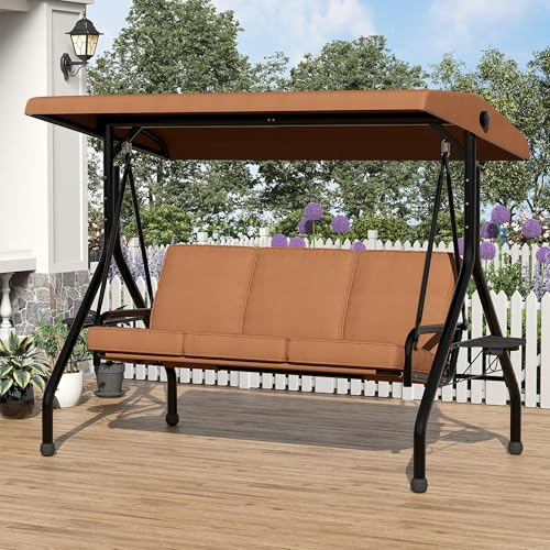 Dondolo a 3 posti con tettuccio parasole regolabile e supporto, dondolo da giardino con cuscino rimovibile, portabicchieri e tavolino pieghevole, impermeabile per giardino e terrazzo, fino a 350 kg