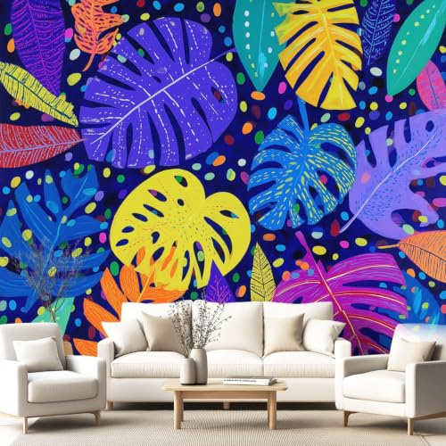 Générique Papier Peint Cartoon, Botanique, Violet Papier Peint Panoramique 350 x 256 cm Pour Salon Chambre D'Enfant décoration Chambre d'Enfant Décoration Murale Feuilles de palmier, Taches