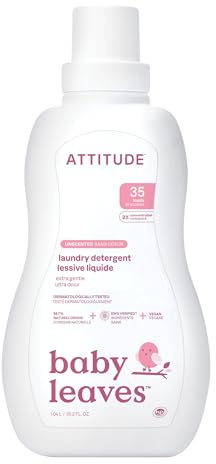 ATTITUDE Baby Laundry Detergent Liquid, EWG Verified, Safe for Baby Clothes, Infant and Newborn, Vegan and Naturally Derived Washing Soap, HE Compatible, Unscented, 35 Loads, 1.04 Liters