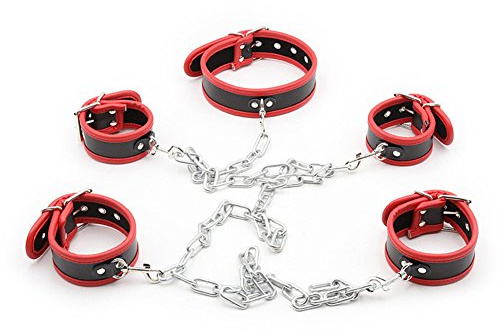 Addfect Handfessel Leder Handschellen Gepolstert Bondage Set Hand und Fußfesseln mit Lange Kette Einstellbare Fetish Sexspielzeug Für Pärchen (Rot)