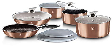Berlinger Haus, Batterie de Cuisine de 12 Pièces, Collection Rose Gold, revêtement en marbre antiadhésif à 3 couches, Poignée de touche souple ergonomique, Pour tous feux