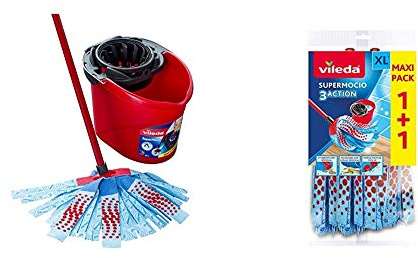 Vileda SuperMocio 3Action XL Mop and Bucket Set, Red/Blue & SuperMocio 3Action XL Refill, Refill Twin Pack