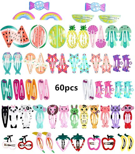 Voarge 60 Stück 6cm Haarspangen Mädchen Haarspangen, Metalldruck Haarklammern für Mädchen Kinder , Süße Haarclips in Bonbonfarbe für Geburtstagsfeier, Zufälliger Stil Farbe