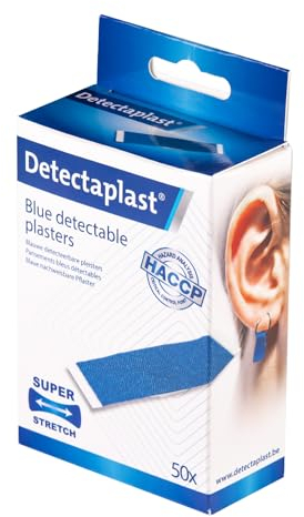 Detectaplast Pflaster wasserfest Elastic, blaue Wundpflaster für den Lebensmittelbereich, detektierbare Pflaster für Erste Hilfe in der Gastronomie, 9 x 38 mm, Piercingpflaster, 50 Stück
