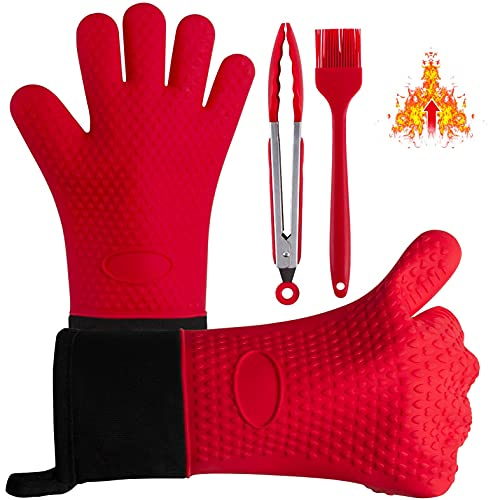Boxalls Grillhandschuhe Kit, hitzebeständige Silikon ofenhandschuhe mit Grillzange & Pinsel, BBQ Kochhandschuhe Set zum Grillen, Kochen, Backen und Küche (rot)