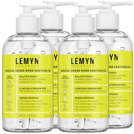 Lemyn Organics Medical‑Grade Hand Sanitizer Gel – 97 % Organic | 70 % USP Ethyl Alcohol | Moisturizing Aloe + Hyaluronic Acid | Freshly Made in USA | 8oz Bottle with Pump (PACK OF 4)
