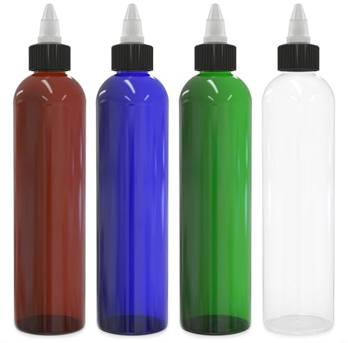 Twist Top Applicator Bottles, 8 OZ Multicolored Squeeze Empty Plastic Bottles, Black Nozzle, BPA-Free, PET, Refillable, Open/Close Nozzle - Multi Purpose (4 Pieces)