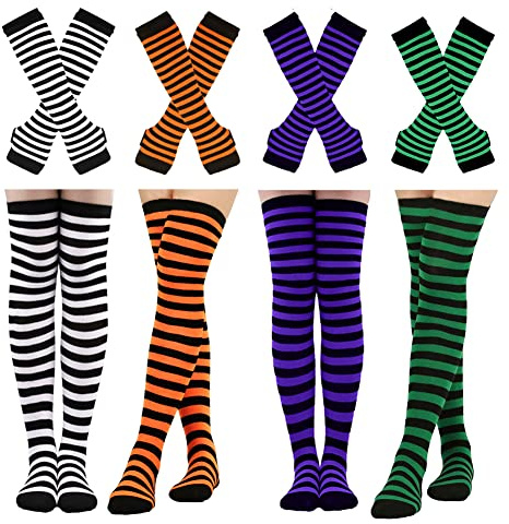 Barrlves 4 Sets Womens Striped Knee High Socks Long Knit Arm Warmers Fingerless Gloves for Halloween Costume (4sets Striped Black+Orange+Purple+Green)
